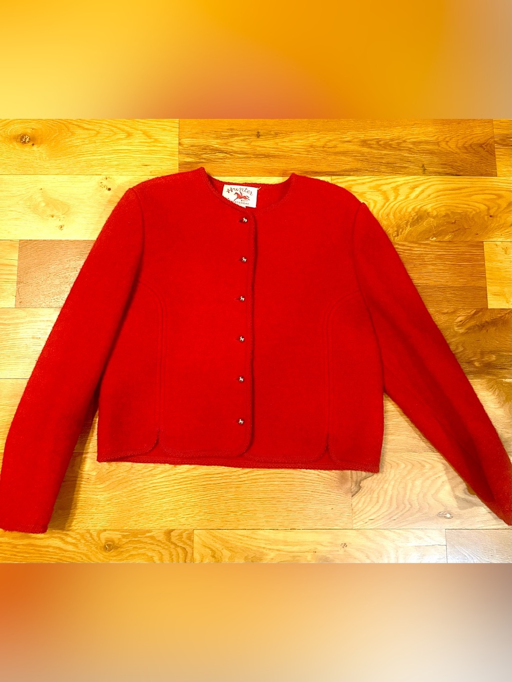 Vtg Hunter Sportswear Red Boiled Wool Cropped Cardigan Gold Button Blazer 14